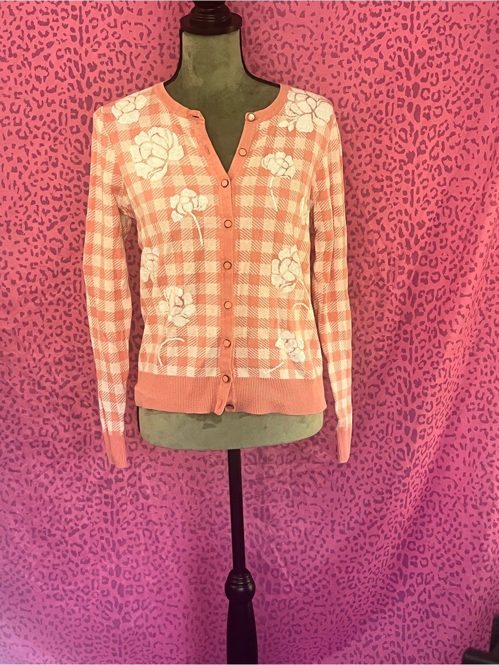 Pink Checked Floral Button-Up Sweater